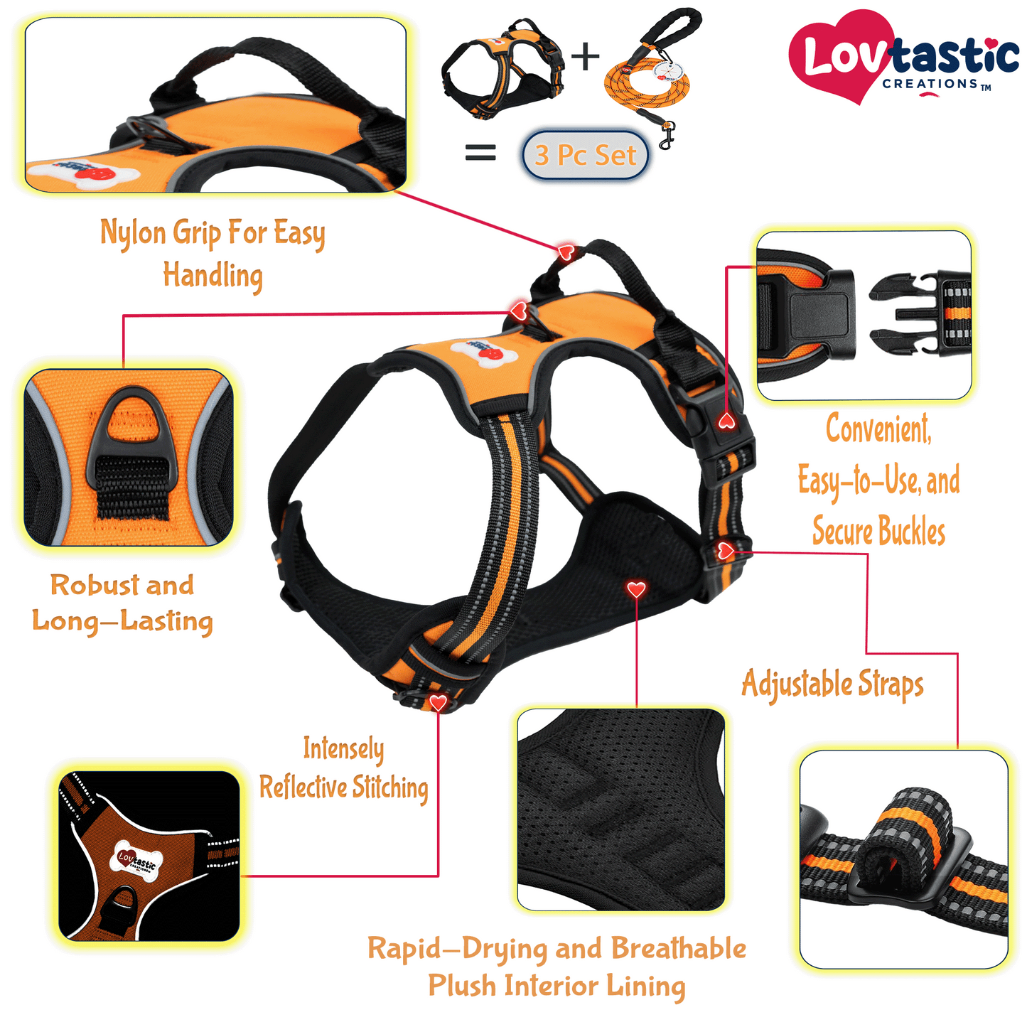Lovtastic Creations™ No-Pull Dog Harness - with Strong & Durable Dog Leash & Free Poopbag Holder 3pcs Set | Reflective No-Choke Pet Harness
