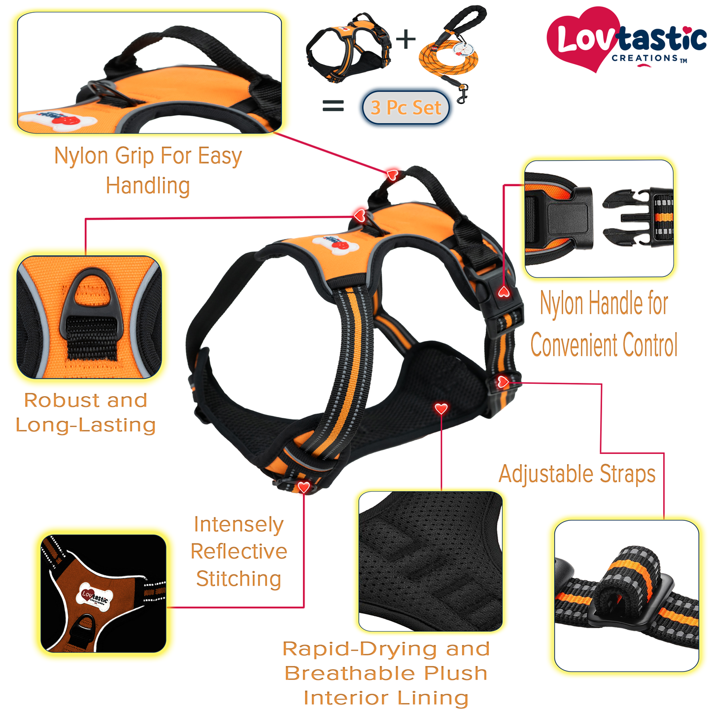 Lovtastic Creations No Pull Dog Harness - with Strong & Durable Dog Leash & Free Poopbag Holder 3pcs Set | Reflective No-Choke Pet Harness