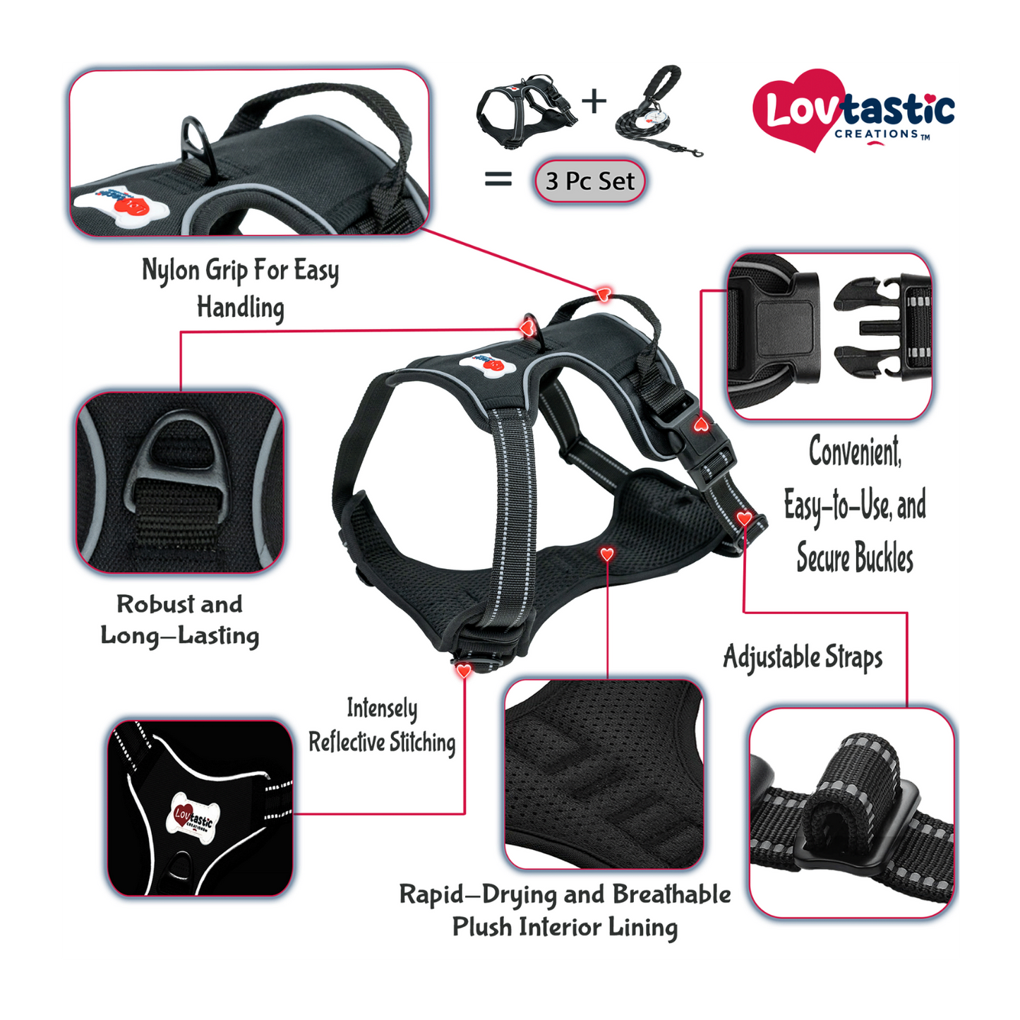 Lovtastic Creations™ No-Pull Dog Harness - with Strong & Durable Dog Leash & Free Poopbag Holder 3pcs Set | Reflective No-Choke Pet Harness