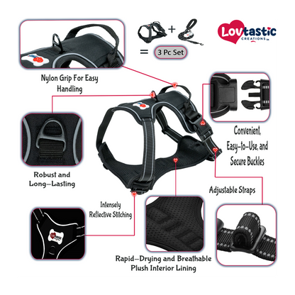 Lovtastic Creations™ No-Pull Dog Harness - with Strong & Durable Dog Leash & Free Poopbag Holder 3pcs Set | Reflective No-Choke Pet Harness