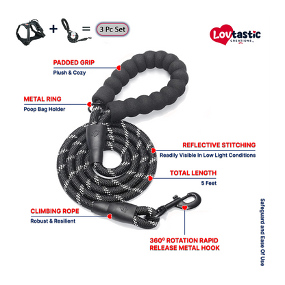 Lovtastic Creations™ No-Pull Dog Harness - with Strong & Durable Dog Leash & Free Poopbag Holder 3pcs Set | Reflective No-Choke Pet Harness