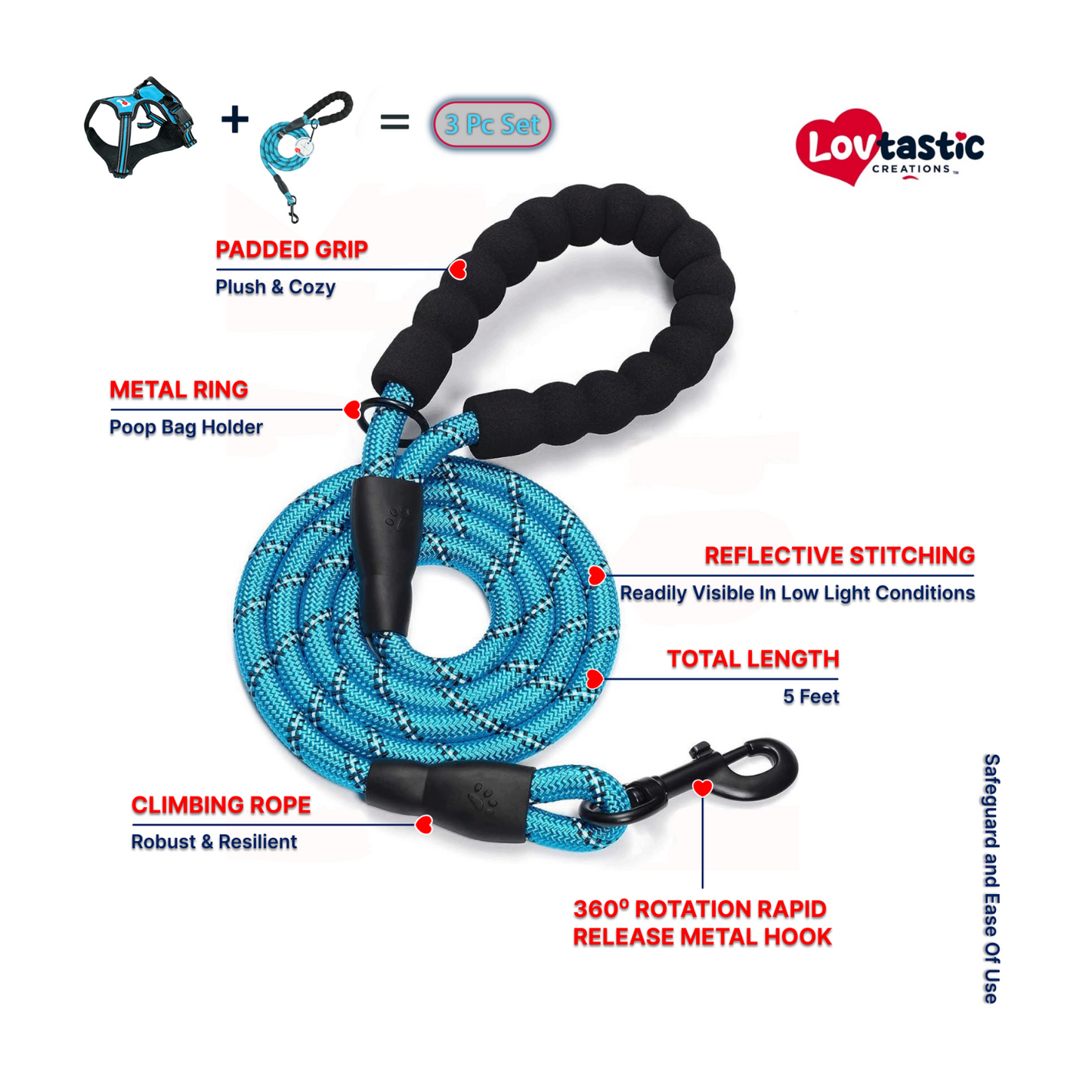 Lovtastic Creations™ No-Pull Dog Harness - with Strong & Durable Dog Leash & Free Poopbag Holder 3pcs Set | Reflective No-Choke Pet Harness