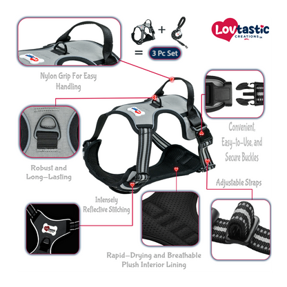 Lovtastic Creations™ No-Pull Dog Harness - with Strong & Durable Dog Leash & Free Poopbag Holder 3pcs Set | Reflective No-Choke Pet Harness