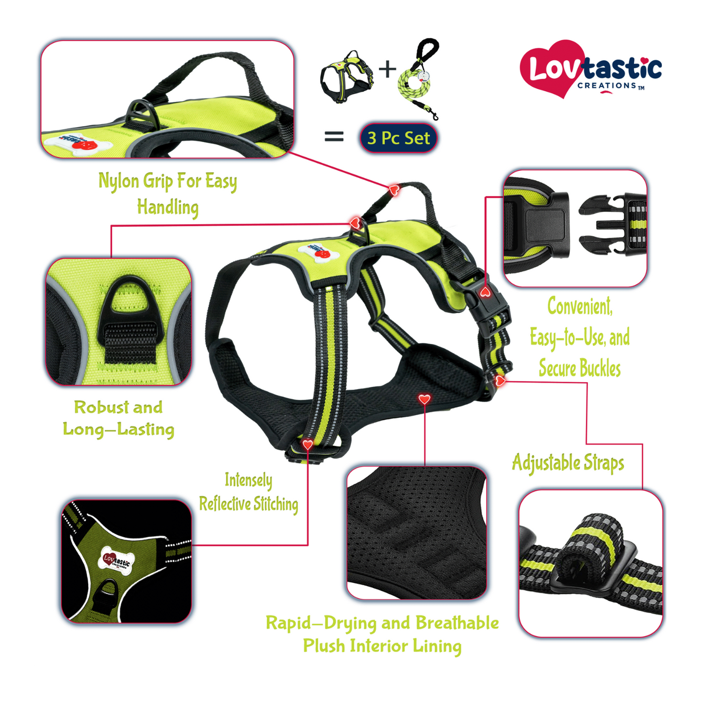 Lovtastic Creations™ No-Pull Dog Harness - with Strong & Durable Dog Leash & Free Poopbag Holder 3pcs Set | Reflective No-Choke Pet Harness