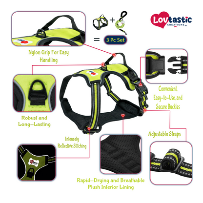 Lovtastic Creations™ No-Pull Dog Harness - with Strong & Durable Dog Leash & Free Poopbag Holder 3pcs Set | Reflective No-Choke Pet Harness