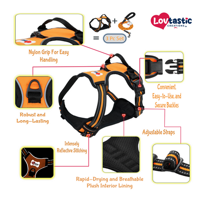 Lovtastic Creations™ No-Pull Dog Harness - with Strong & Durable Dog Leash & Free Poopbag Holder 3pcs Set | Reflective No-Choke Pet Harness