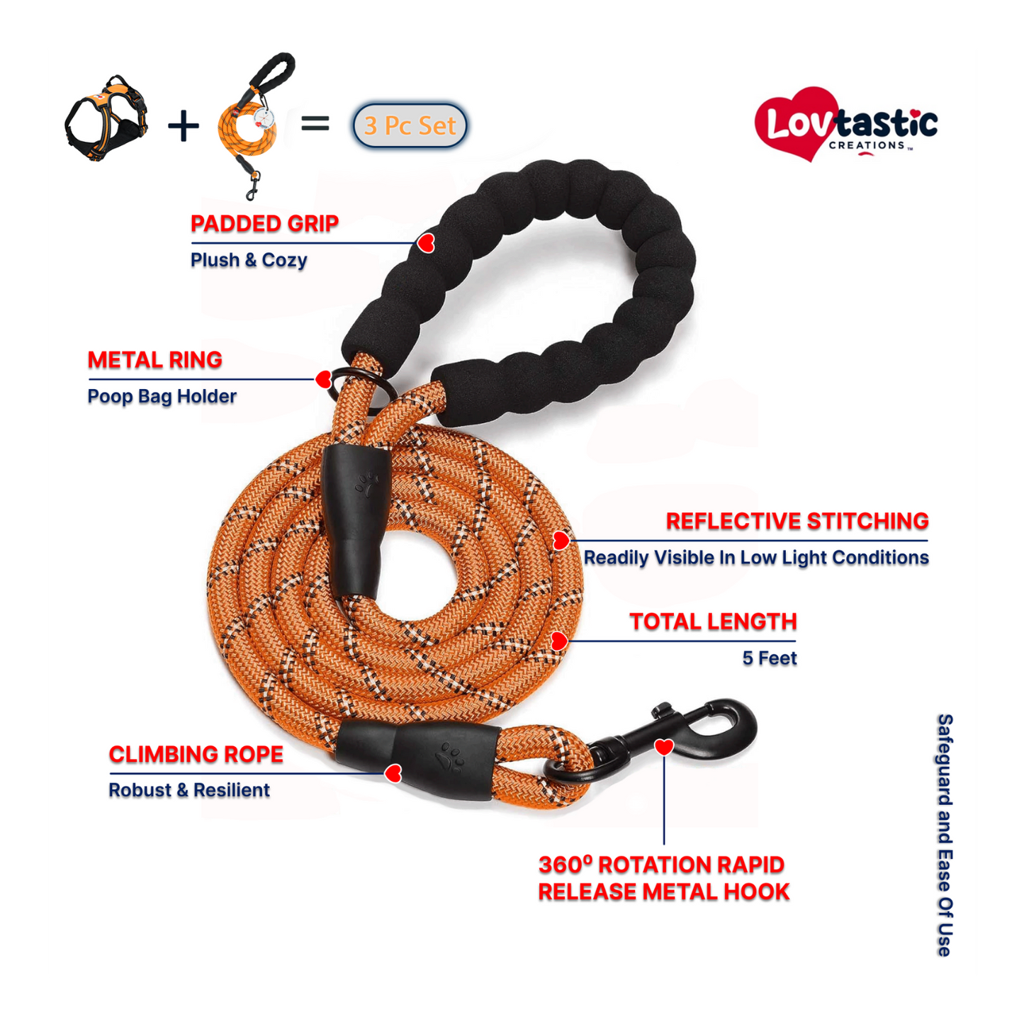 Lovtastic Creations™ No-Pull Dog Harness - with Strong & Durable Dog Leash & Free Poopbag Holder 3pcs Set | Reflective No-Choke Pet Harness