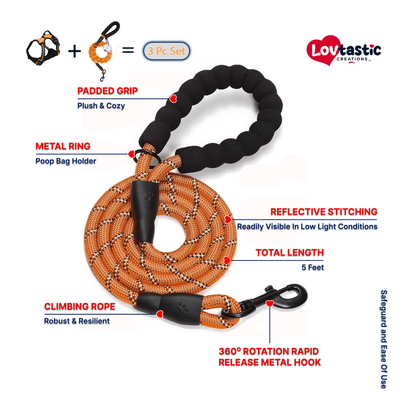 Lovtastic Creations™ No-Pull Dog Harness - with Strong & Durable Dog Leash & Free Poopbag Holder 3pcs Set | Reflective No-Choke Pet Harness