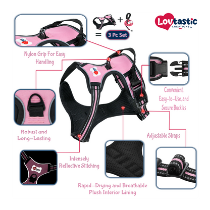 Lovtastic Creations™ No-Pull Dog Harness - with Strong & Durable Dog Leash & Free Poopbag Holder 3pcs Set | Reflective No-Choke Pet Harness
