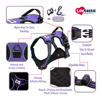 Lovtastic Creations™ No-Pull Dog Harness - with Strong & Durable Dog Leash & Free Poopbag Holder 3pcs Set | Reflective No-Choke Pet Harness