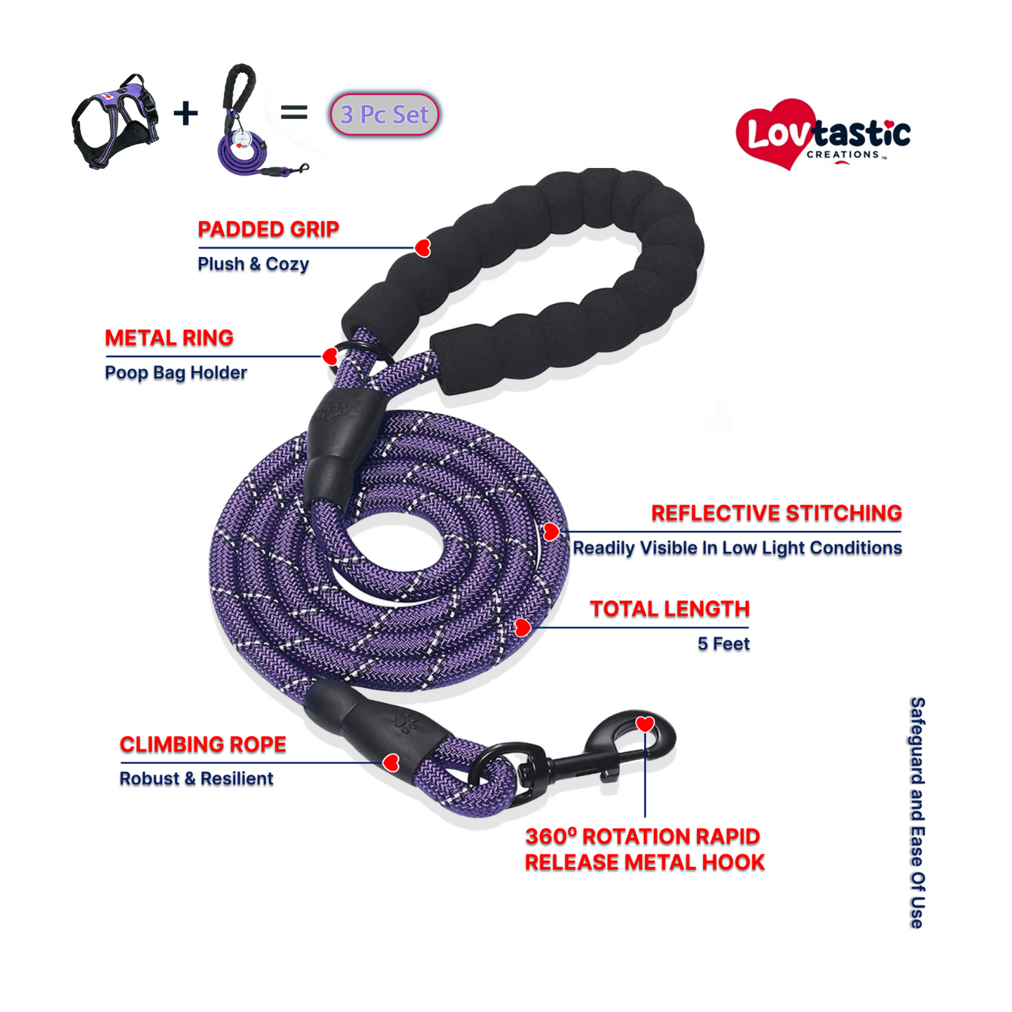 Lovtastic Creations™ No-Pull Dog Harness - with Strong & Durable Dog Leash & Free Poopbag Holder 3pcs Set | Reflective No-Choke Pet Harness
