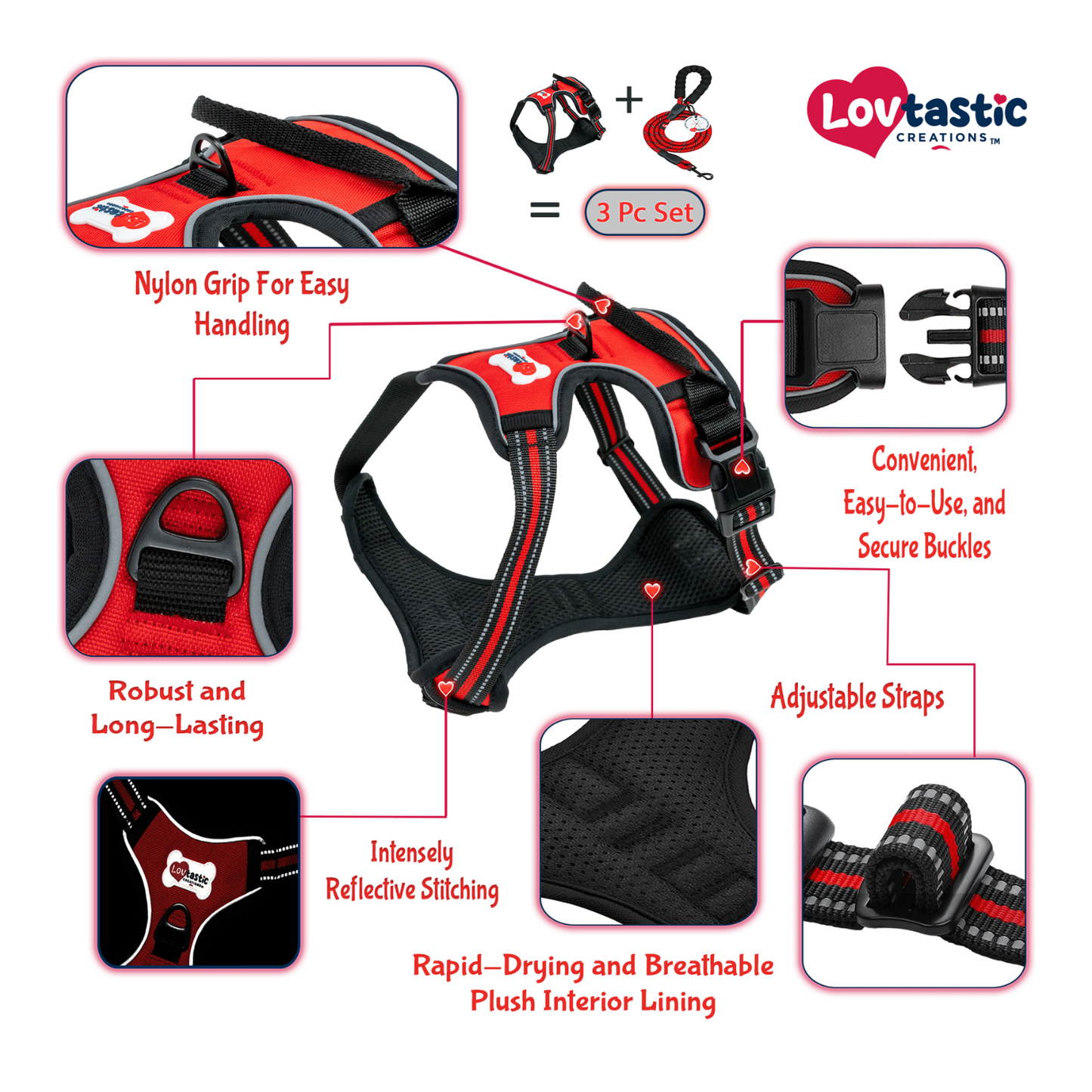 Lovtastic Creations™ No-Pull Dog Harness - with Strong & Durable Dog Leash & Free Poopbag Holder 3pcs Set | Reflective No-Choke Pet Harness