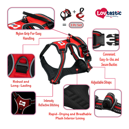 Lovtastic Creations™ No-Pull Dog Harness - with Strong & Durable Dog Leash & Free Poopbag Holder 3pcs Set | Reflective No-Choke Pet Harness