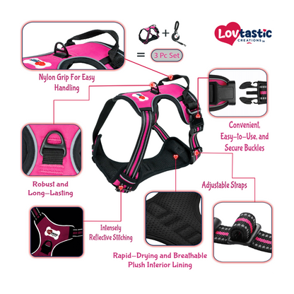 Lovtastic Creations™ No-Pull Dog Harness - with Strong & Durable Dog Leash & Free Poopbag Holder 3pcs Set | Reflective No-Choke Pet Harness
