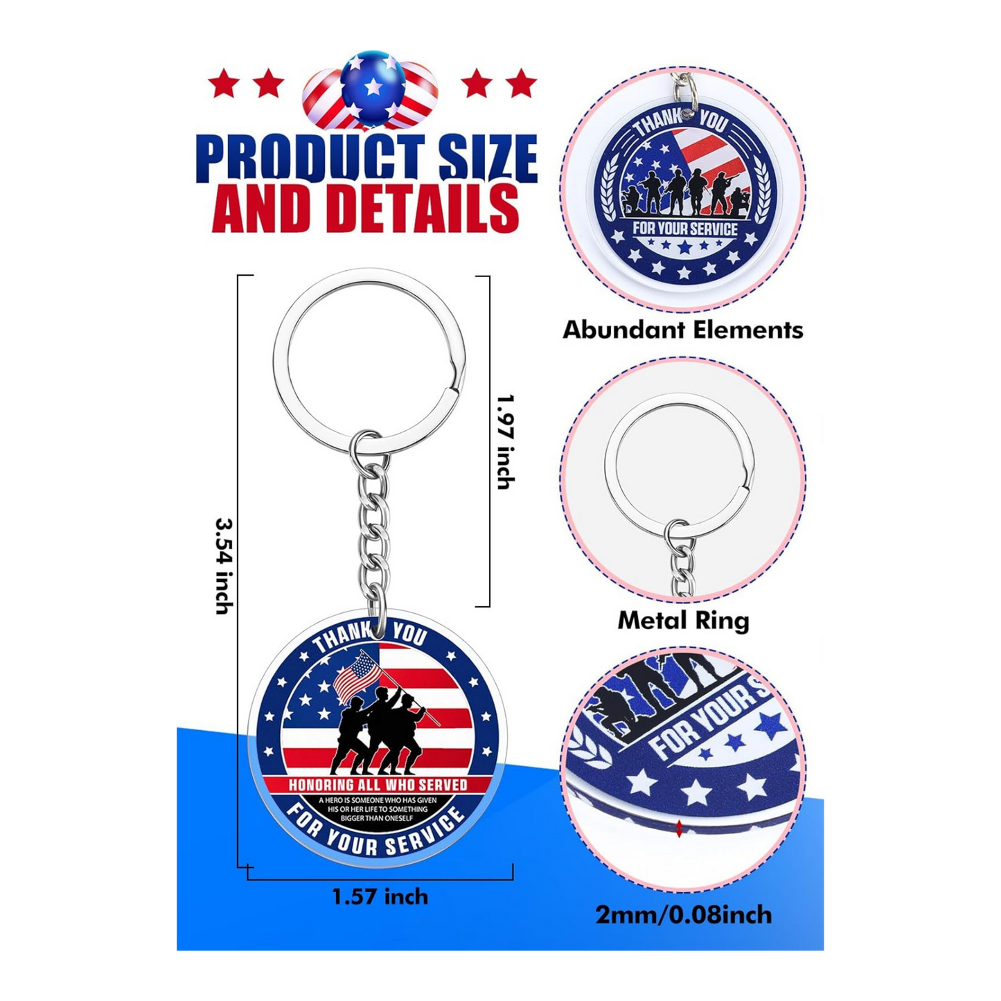 Patriotic Keychain | Thank You for Your Service Military USA Keyring (Assorted Design)