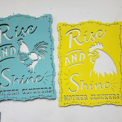 Rise and Shine Mother Cluckers Metal Sign – Rooster or Hen Design – Funny Farmhouse Wall Art with Barbed Wire Edge – 18"x14" Plasma Cut Steel
